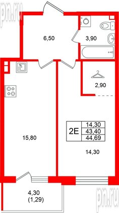 Квартира в ЖК «Лисино», 1 комнатная, 44.69 м², 2 этаж