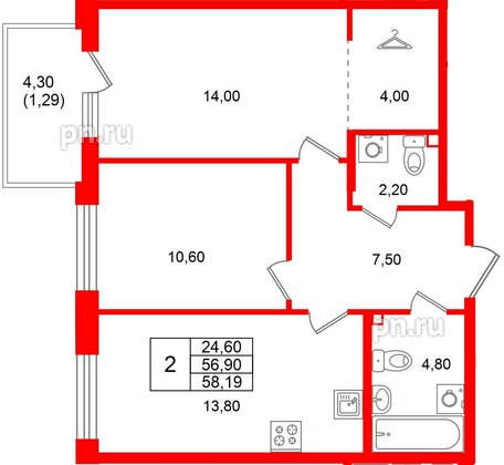 Квартира в ЖК Лисино, 2 комнатная, 61.2 м², 4 этаж