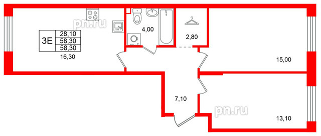 Квартира в ЖК Лисино, 2 комнатная, 58.3 м², 1 этаж