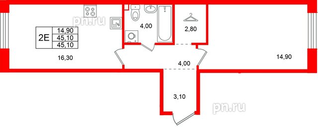 Квартира в ЖК «Лисино», 1 комнатная, 45.1 м², 3 этаж