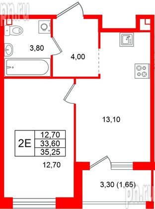 Квартира в ЖК «Лисино», 1 комнатная, 35.25 м², 2 этаж