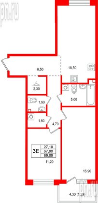 Квартира в ЖК «Лисино», 2 комнатная, 69.09 м², 3 этаж