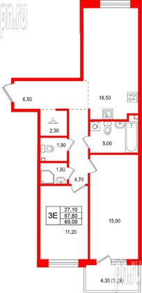 Квартира в ЖК Лисино, 2 комнатная, 72.1 м², 4 этаж