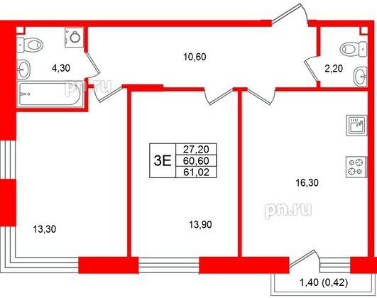 Квартира в ЖК «Лисино», 2 комнатная, 62 м², 3 этаж