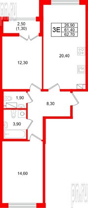 Квартира в ЖК «Кронунг Юг», 2 комнатная, 62.7 м², 4 этаж