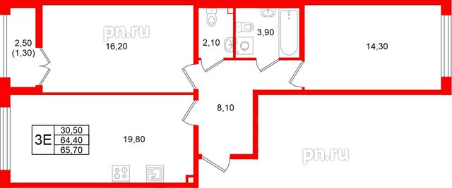 Квартира в ЖК «Кронунг Юг», 2 комнатная, 65.7 м², 2 этаж