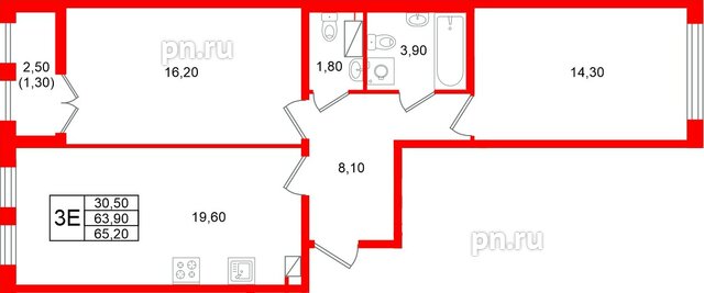 Квартира в ЖК «Кронунг Юг», 2 комнатная, 65.2 м², 8 этаж