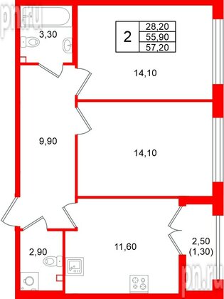 Квартира в ЖК «Кронунг Юг», 2 комнатная, 57.2 м², 2 этаж