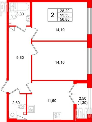 Квартира в ЖК «Кронунг Юг», 2 комнатная, 56.8 м², 3 этаж