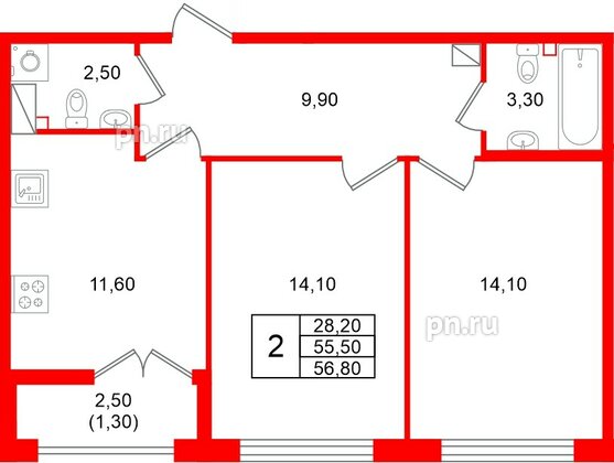 Квартира в ЖК «Кронунг Юг», 2 комнатная, 56.8 м², 6 этаж
