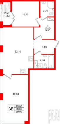 Квартира в ЖК «Кронунг Юг», 2 комнатная, 69.9 м², 6 этаж