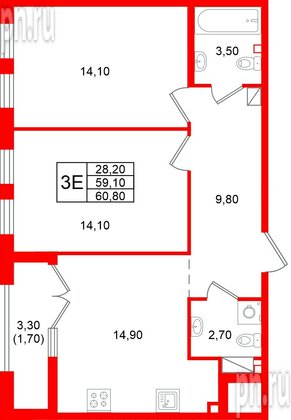 Квартира в ЖК «Кронунг Юг», 2 комнатная, 60.8 м², 8 этаж