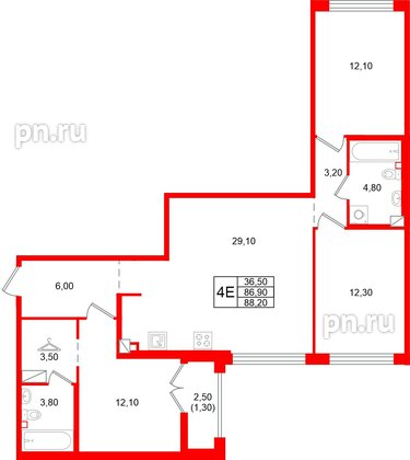 Квартира в ЖК «Кронунг Юг», 3 комнатная, 88.2 м², 9 этаж