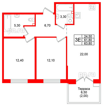 Квартира в ЖК Кронунг Юг, 2 комнатная, 63.8 м², 1 этаж