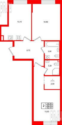 Квартира в ЖК «Лисино», 2 комнатная, 62.1 м², 1 этаж