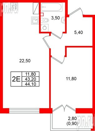 Квартира в ЖК Кронунг Юг, 1 комнатная, 44.1 м², 6 этаж