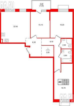Квартира в ЖК Лисино, 3 комнатная, 95.9 м², 2 этаж