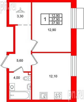 Квартира в ЖК Лисино, 1 комнатная, 37.9 м², 2 этаж