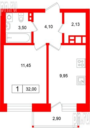 Квартира в ЖК «Аксиома.Возрождение», 1 комнатная, 32 м², 6 этаж