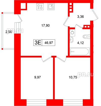 Квартира в ЖК «Аксиома.Возрождение», 2 комнатная, 46.97 м², 2 этаж