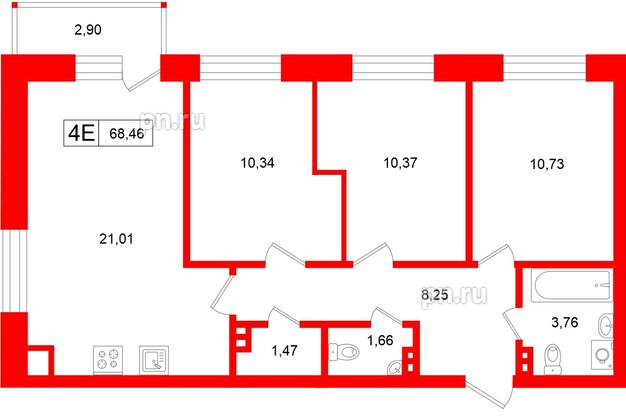 Квартира в ЖК «Аксиома.Возрождение», 3 комнатная, 68.46 м², 9 этаж