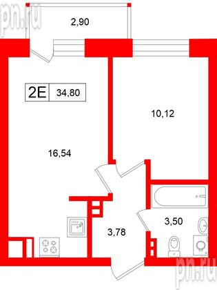 Квартира в ЖК «Аксиома.Возрождение», 1 комнатная, 34.81 м², 9 этаж