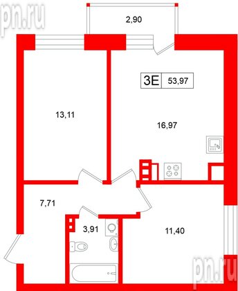 Квартира в ЖК «Аксиома.Возрождение», 2 комнатная, 53.97 м², 11 этаж