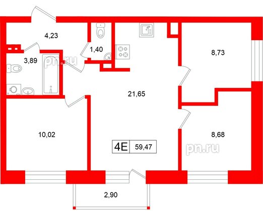 Квартира в ЖК «Аксиома.Возрождение», 3 комнатная, 59.47 м², 2 этаж