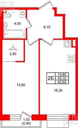 Квартира в ЖК Лисино, 1 комнатная, 44.6 м², 4 этаж