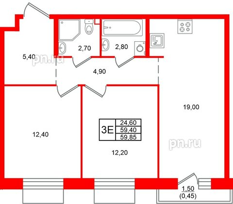 Квартира в ЖК «Лисино», 2 комнатная, 60.9 м², 3 этаж