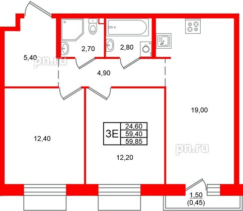 Квартира в ЖК Лисино, 2 комнатная, 60.9 м², 4 этаж