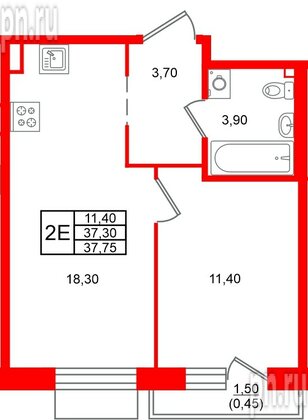 Квартира в ЖК Лисино, 1 комнатная, 38.8 м², 2 этаж