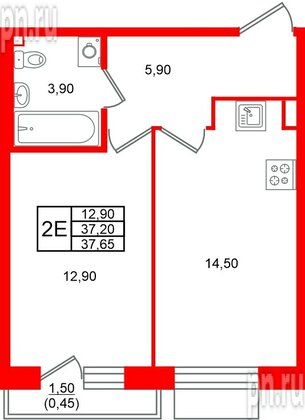 Квартира в ЖК «Лисино», 1 комнатная, 38.7 м², 2 этаж