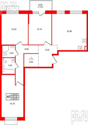 Квартира в ЖК Лисино, 3 комнатная, 95.4 м², 4 этаж