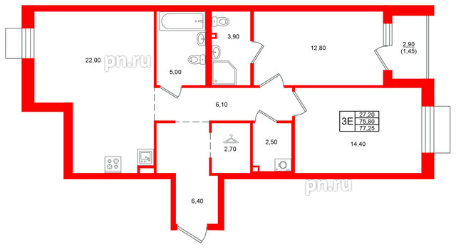 Квартира в ЖК Лисино, 2 комнатная, 78.7 м², 4 этаж
