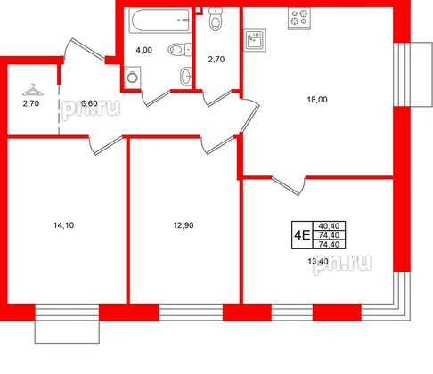 Квартира в ЖК Лисино, 3 комнатная, 74.4 м², 2 этаж
