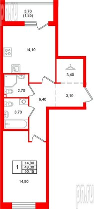 Квартира в ЖК Лисино, 1 комнатная, 52 м², 1 этаж