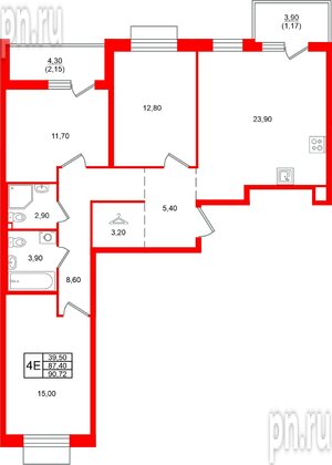 Квартира в ЖК Лисино, 3 комнатная, 95.6 м², 3 этаж