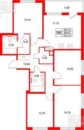 Квартира в ЖК «Любоград», 4 комнатная, 101.77 м², 2 этаж