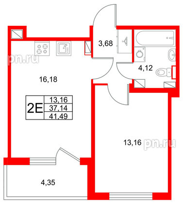 Квартира в ЖК Любоград, 1 комнатная, 41.49 м², 4 этаж