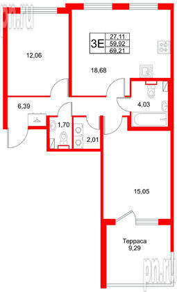Квартира в ЖК Любоград, 2 комнатная, 69.21 м², 1 этаж