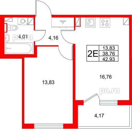 Квартира в ЖК «Любоград», 1 комнатная, 42.93 м², 2 этаж