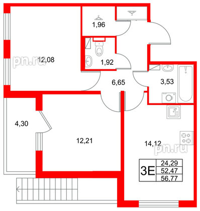 Квартира в ЖК Любоград, 2 комнатная, 56.77 м², 1 этаж