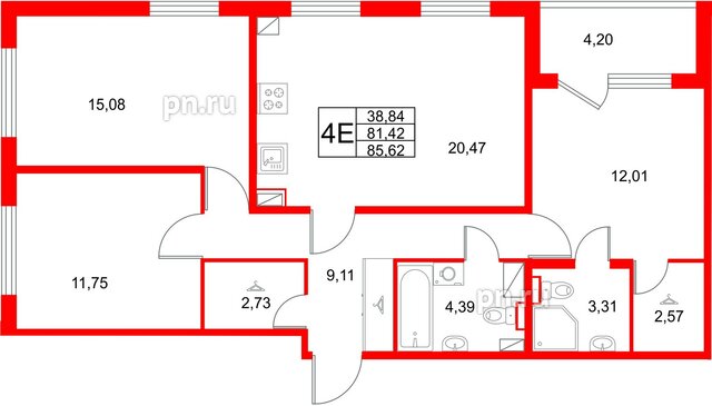 Квартира в ЖК Любоград, 3 комнатная, 85.62 м², 2 этаж