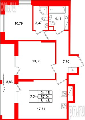 Квартира в ЖК «Город звёзд», 2 комнатная, 57.04 м², 18 этаж