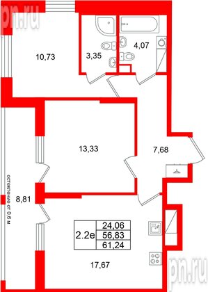 Квартира в ЖК «Город звёзд», 2 комнатная, 56.83 м², 6 этаж