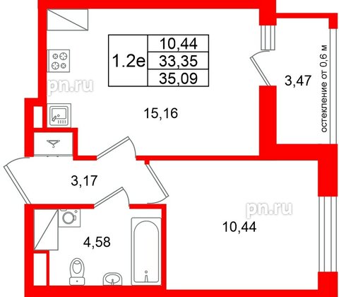 Квартира в ЖК «Город звёзд», 1 комнатная, 33.35 м², 22 этаж