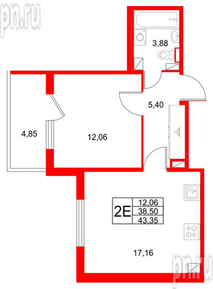 Квартира в ЖК Любоград, 1 комнатная, 43.35 м², 3 этаж