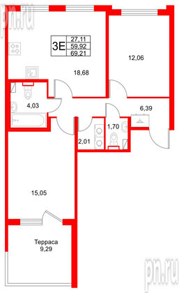 Квартира в ЖК Любоград, 2 комнатная, 69.21 м², 1 этаж