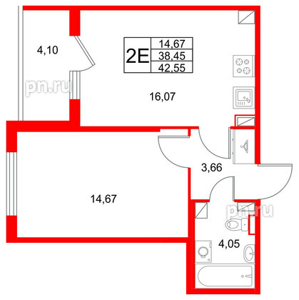 Квартира в ЖК Любоград, 1 комнатная, 42.55 м², 2 этаж